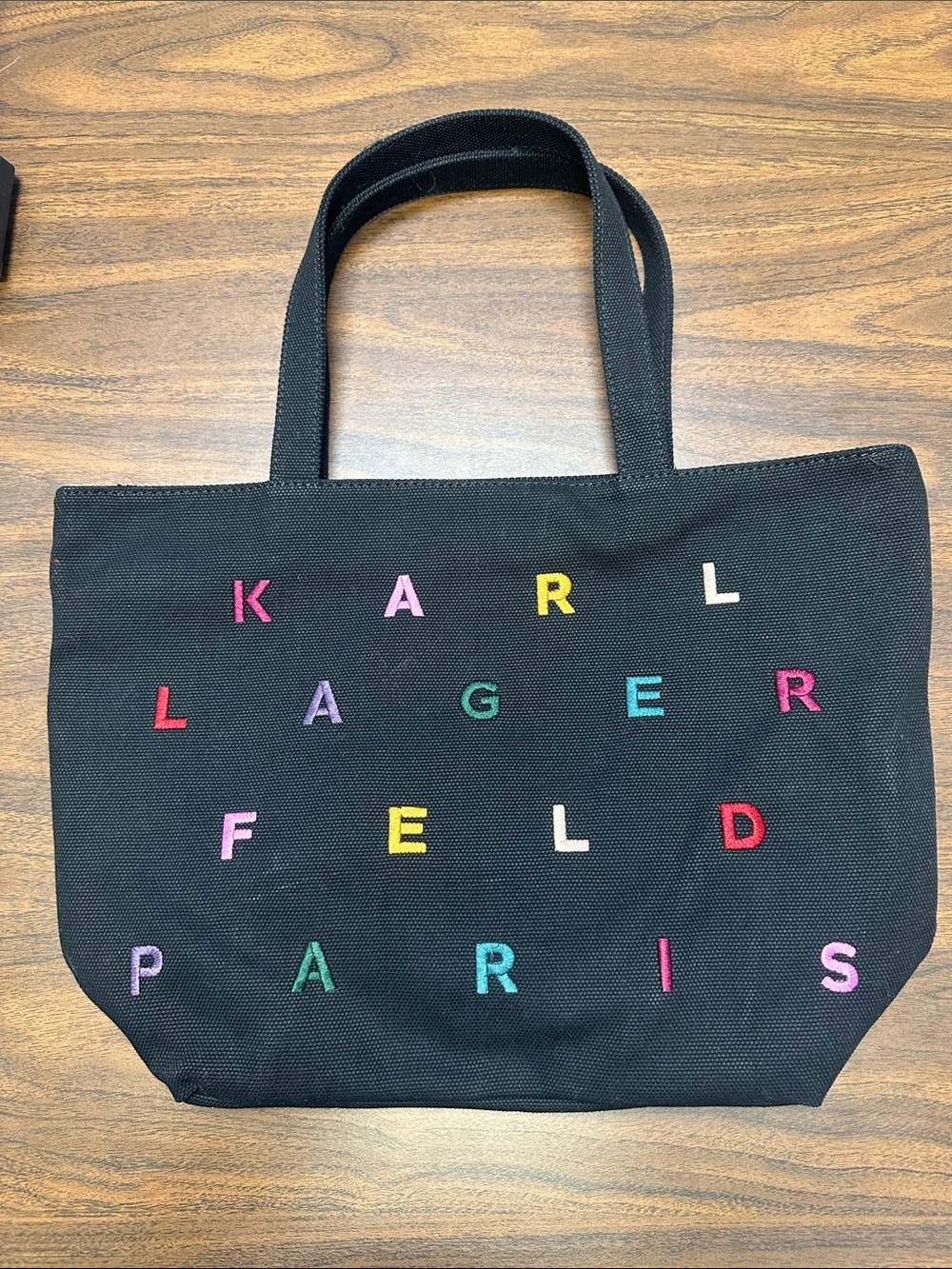 Karl Lagerfeld Paris Black Canvas Tote with Multicolor Lettering